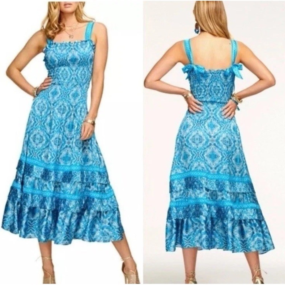 NWT Ramy Brook Sia Blue  Midi Dress M Smocked Bodice Tiered Pleated Skirt $465